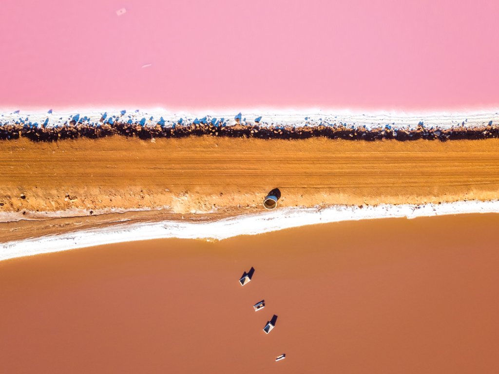 Aerial view of a pink lake surrounded by greenery, creating a stunning contrast in nature.