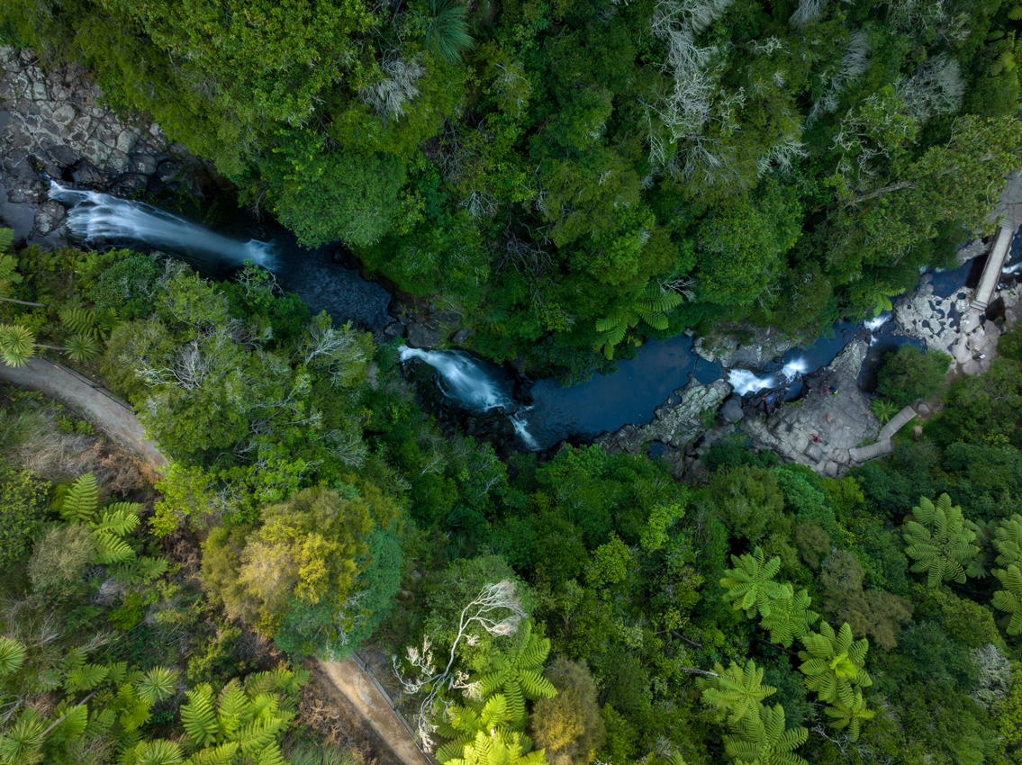 Kaiate Falls top view located in Bay of Plenty, New Zealand, North Island